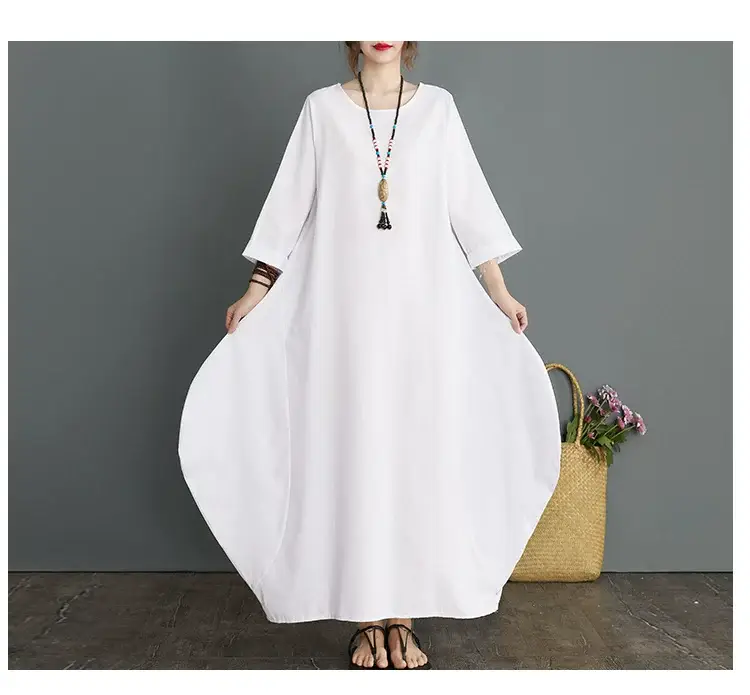 Plus Size Cotton Linen Long Dress Green Blue — feature 14