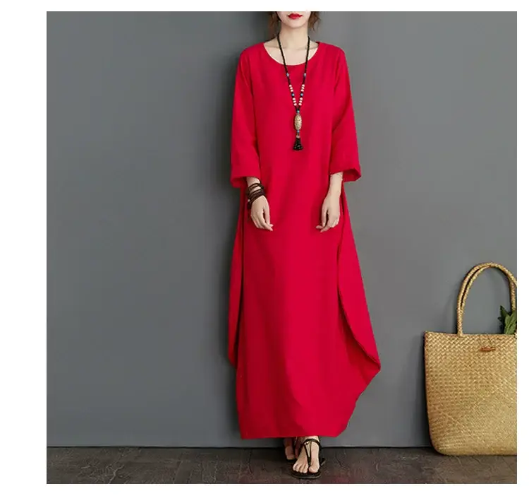 Plus Size Cotton Linen Long Dress Green Blue — feature 15