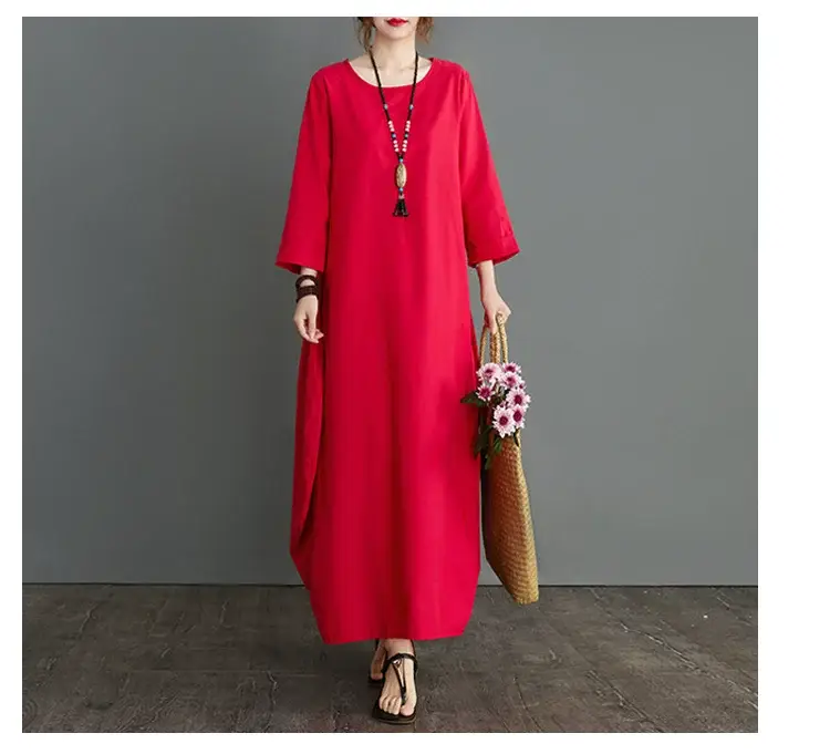Plus Size Cotton Linen Long Dress Green Blue — feature 16