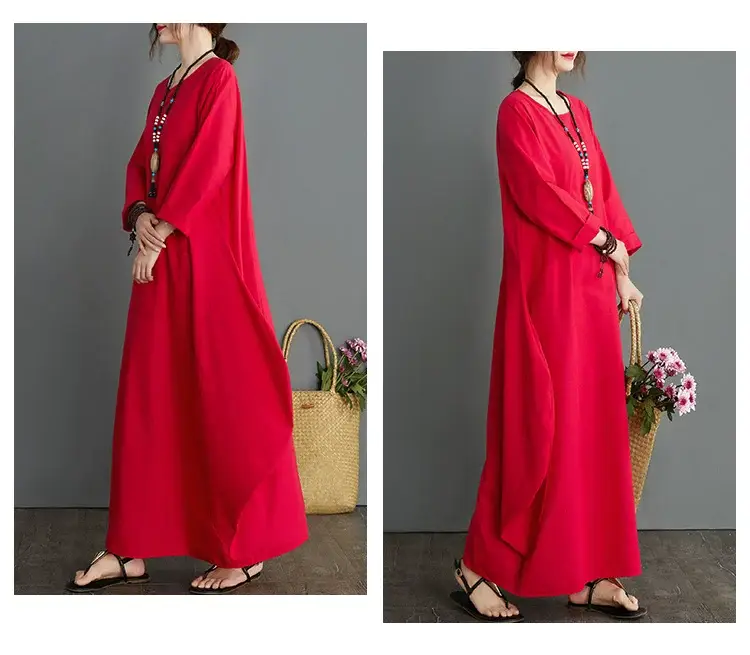 Plus Size Cotton Linen Long Dress Green Blue — feature 17