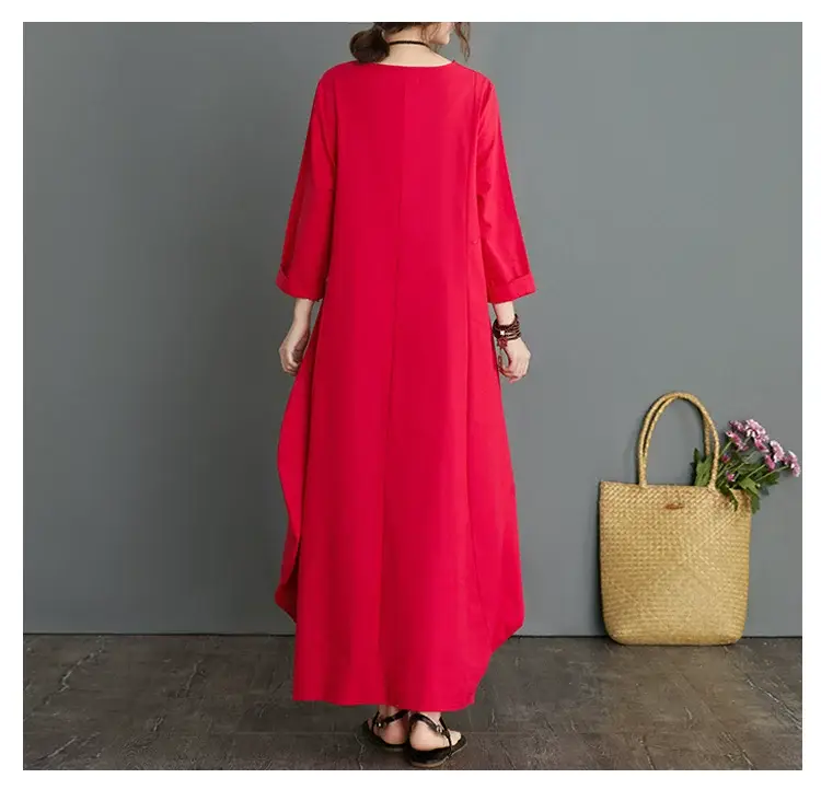 Plus Size Cotton Linen Long Dress Green Blue — feature 18