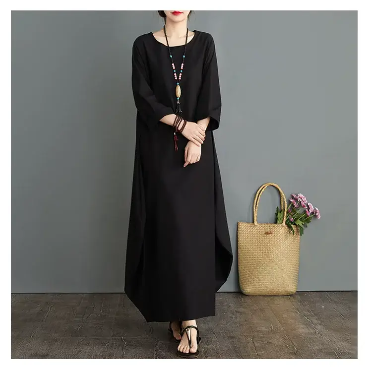Plus Size Cotton Linen Long Dress Green Blue — feature 19