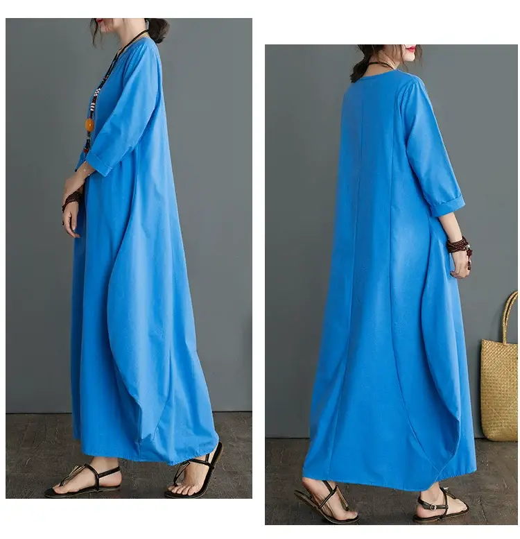 Plus Size Cotton Linen Long Dress Green Blue — feature 5