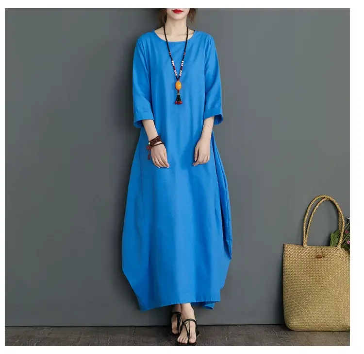 Plus Size Cotton Linen Long Dress Green Blue — feature 6