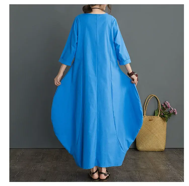 Plus Size Cotton Linen Long Dress Green Blue — feature 7