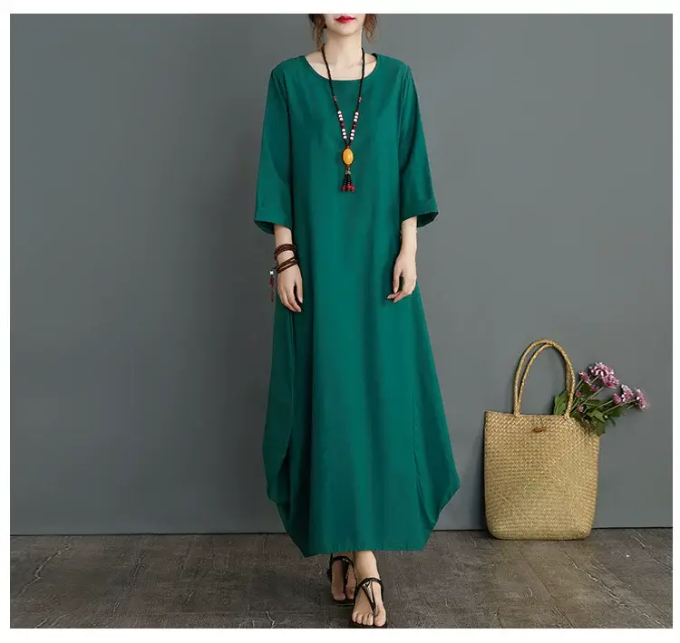 Plus Size Cotton Linen Long Dress Green Blue — feature 8