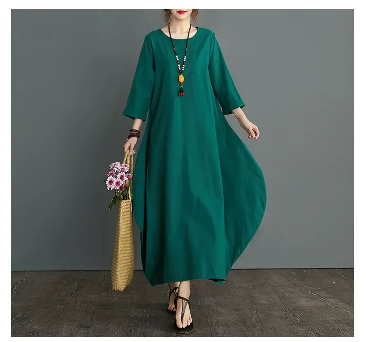 Plus Size Cotton Linen Long Dress Green Blue — feature 9