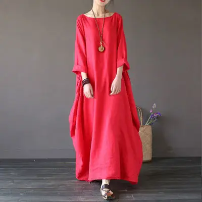 Plus Size Cotton Linen Long Dress Green Blue - Image 2