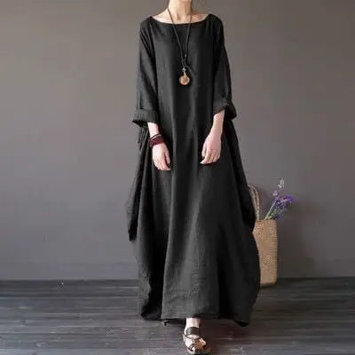 Plus Size Cotton Linen Long Dress Green Blue - Image 4