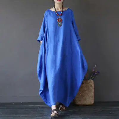 Plus Size Cotton Linen Long Dress Green Blue - Image 5