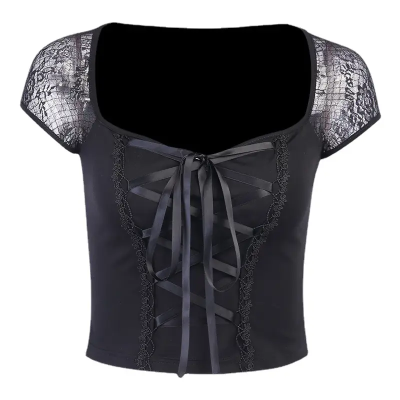 Black Lace Square Collar Top with Eyelet Straps