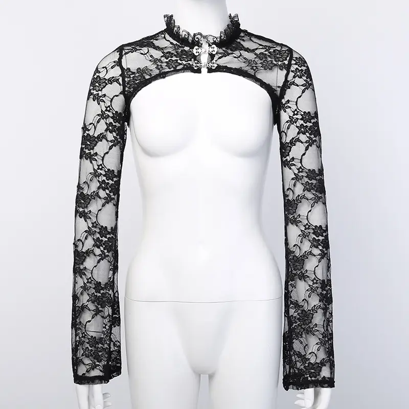 Black Lace Square Collar Top with Eyelet Straps