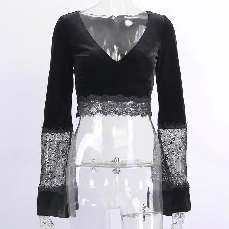 Black Lace Square Collar Top with Eyelet Straps