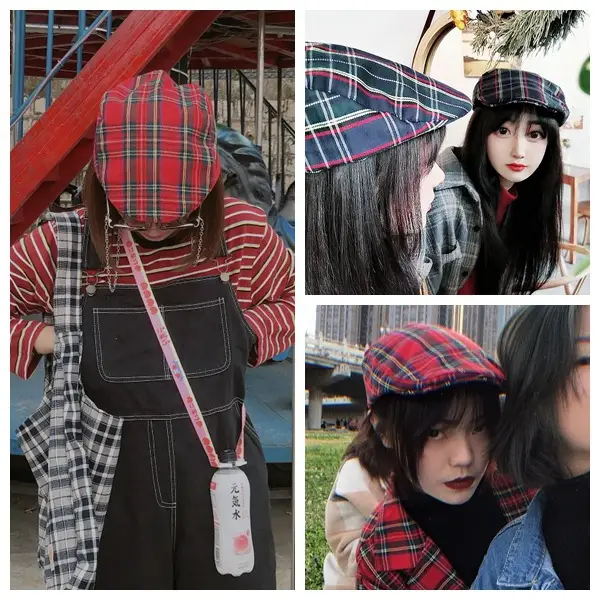 Female Plaid Cotton Cap Red Green Blue Summer Casual