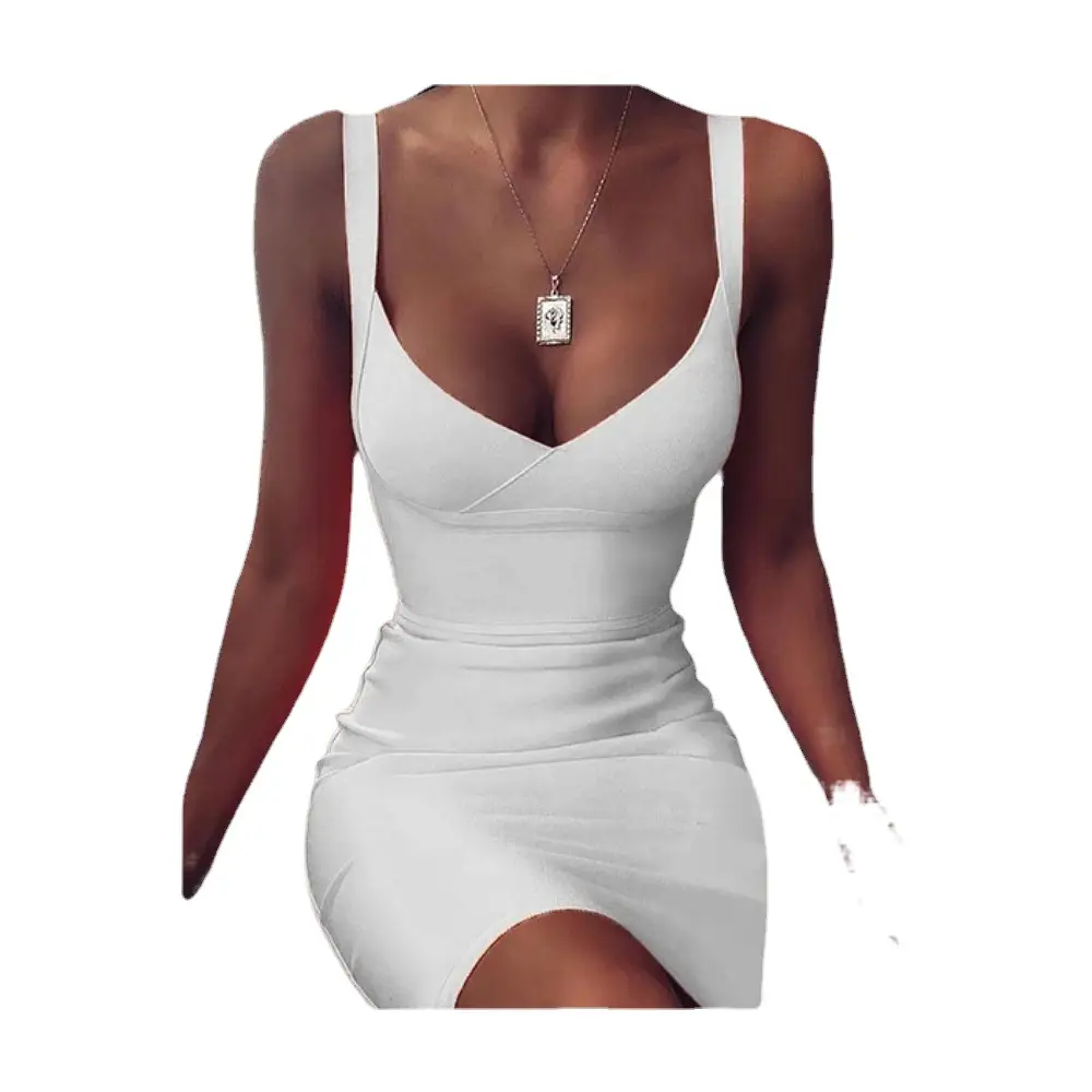White Sexy V-Neck Spaghetti Strap Bodycon Dress - Image 9