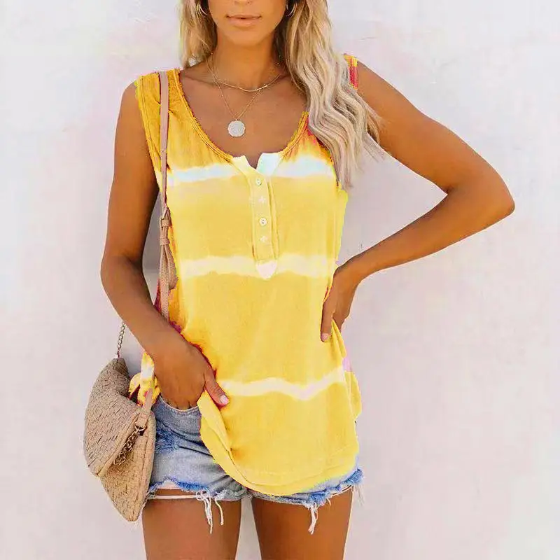 Women Tie-dye Cotton Vest Black Casual Top