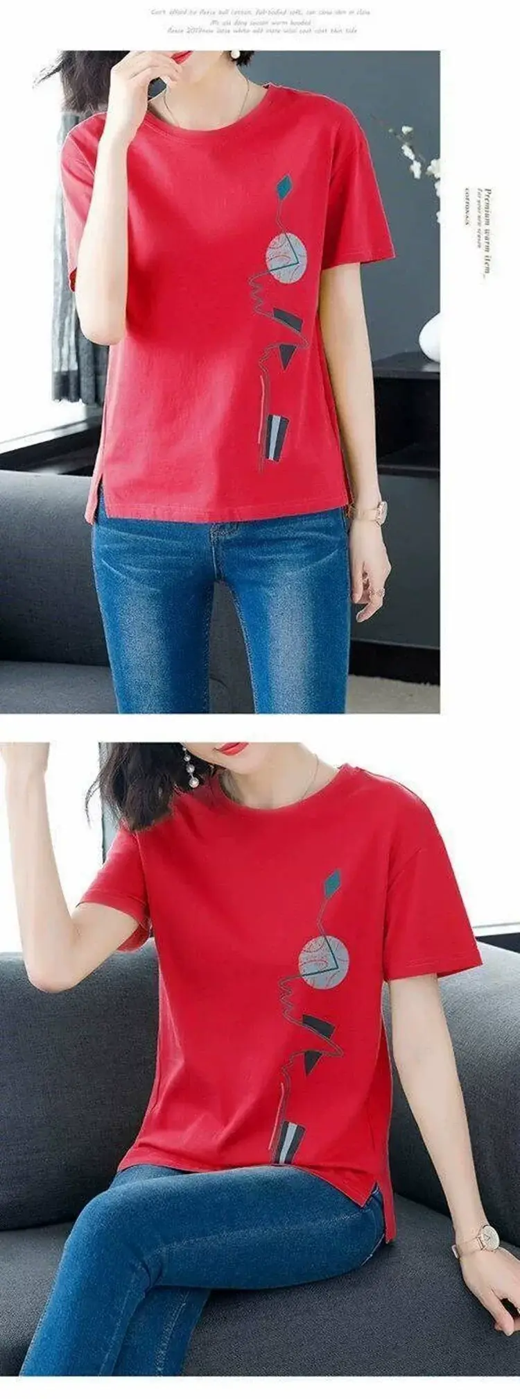 Women Red Graphic Print T-Shirt Summer Loose Fit — feature 15