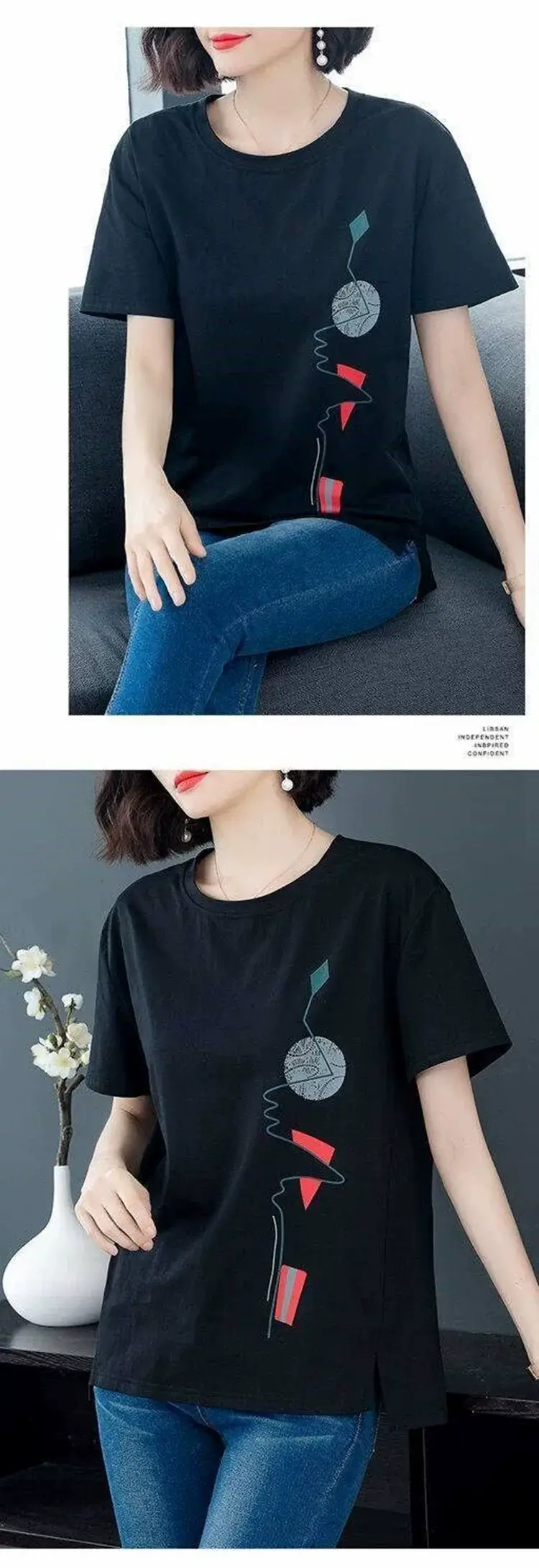 Women Red Graphic Print T-Shirt Summer Loose Fit — feature 5