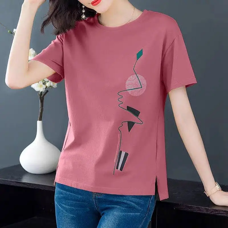 Women Red Graphic Print T-Shirt Summer Loose Fit
