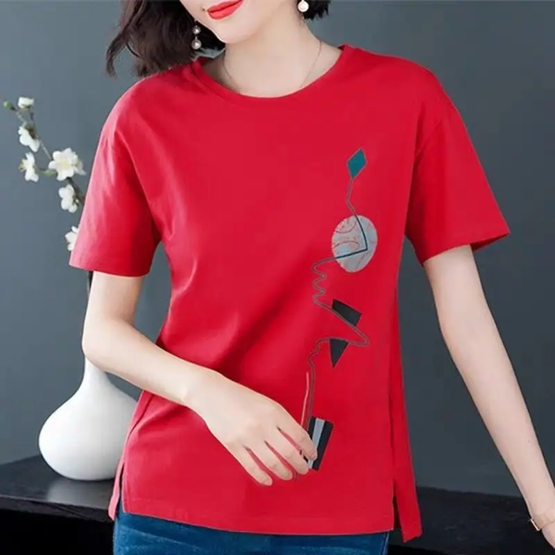 Women Red Graphic Print T-Shirt Summer Loose Fit
