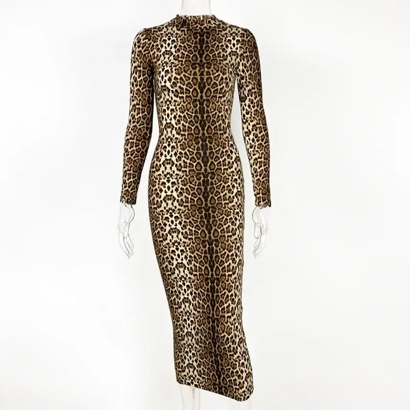 Leopard Print Long Sleeve Slim Fit Women's Dress - Image 5