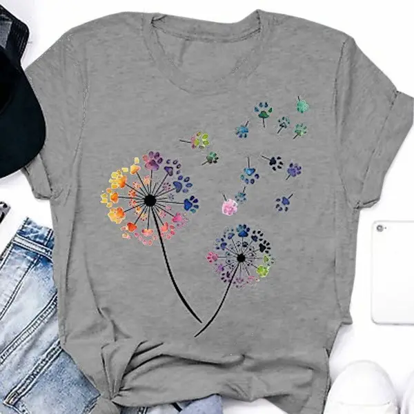 Women Grey Dandelion Print T-Shirt Short Sleeve