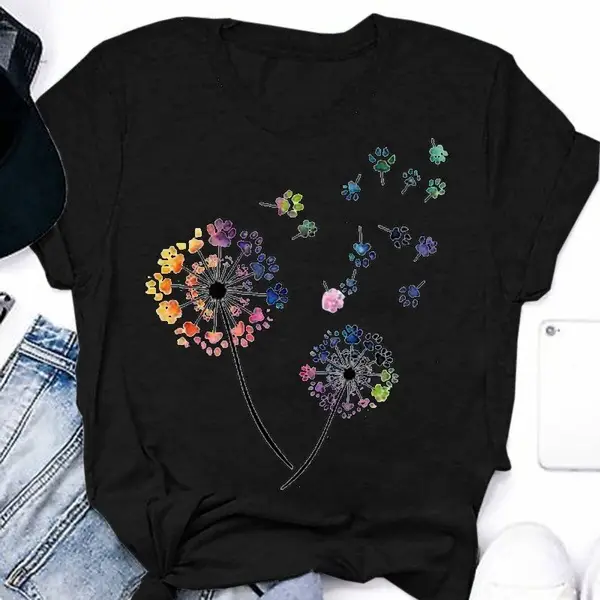 Women Grey Dandelion Print T-Shirt Short Sleeve
