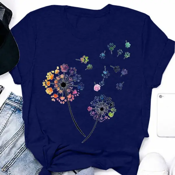 Women Grey Dandelion Print T-Shirt Short Sleeve