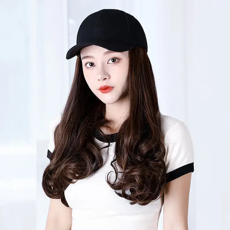 Women's Black Baseball Cap with Long Curly Hair Wig - Image 8