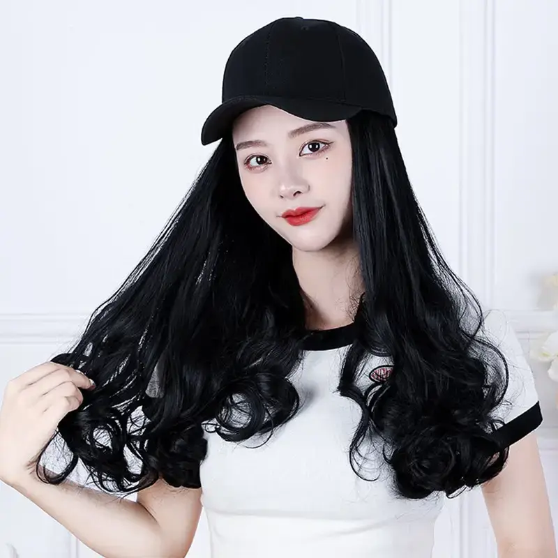 Women's Black Baseball Cap with Long Curly Hair Wig - Image 10