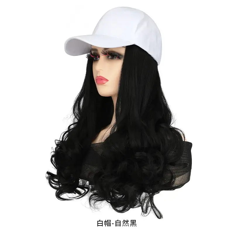 Women's Black Baseball Cap with Long Curly Hair Wig - Image 2