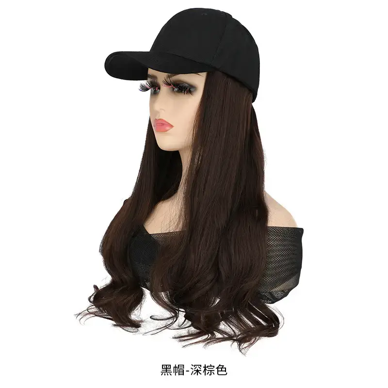 Women's Black Baseball Cap with Long Curly Hair Wig - Image 3