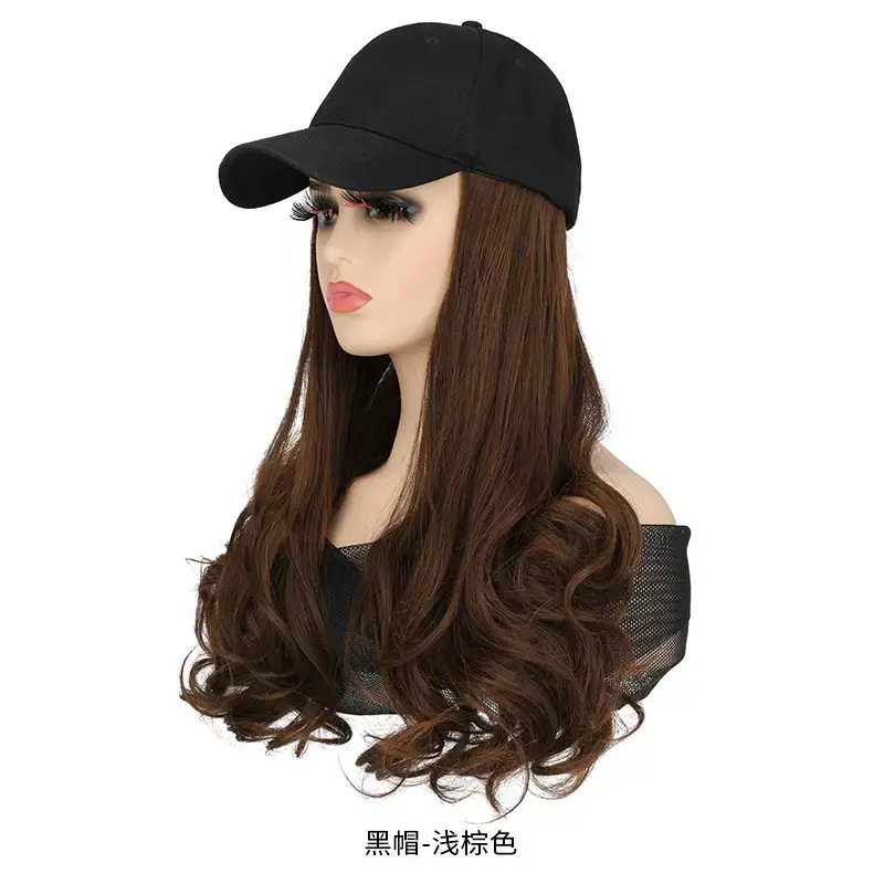 Women's Black Baseball Cap with Long Curly Hair Wig - Image 5