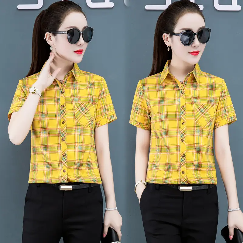 Women Plaid Short Sleeve Shirt 2020 Summer New - Image 7