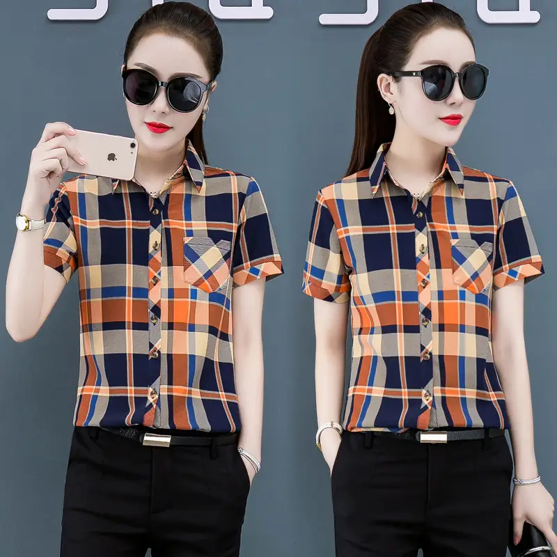 Women Plaid Short Sleeve Shirt 2020 Summer New - Image 8
