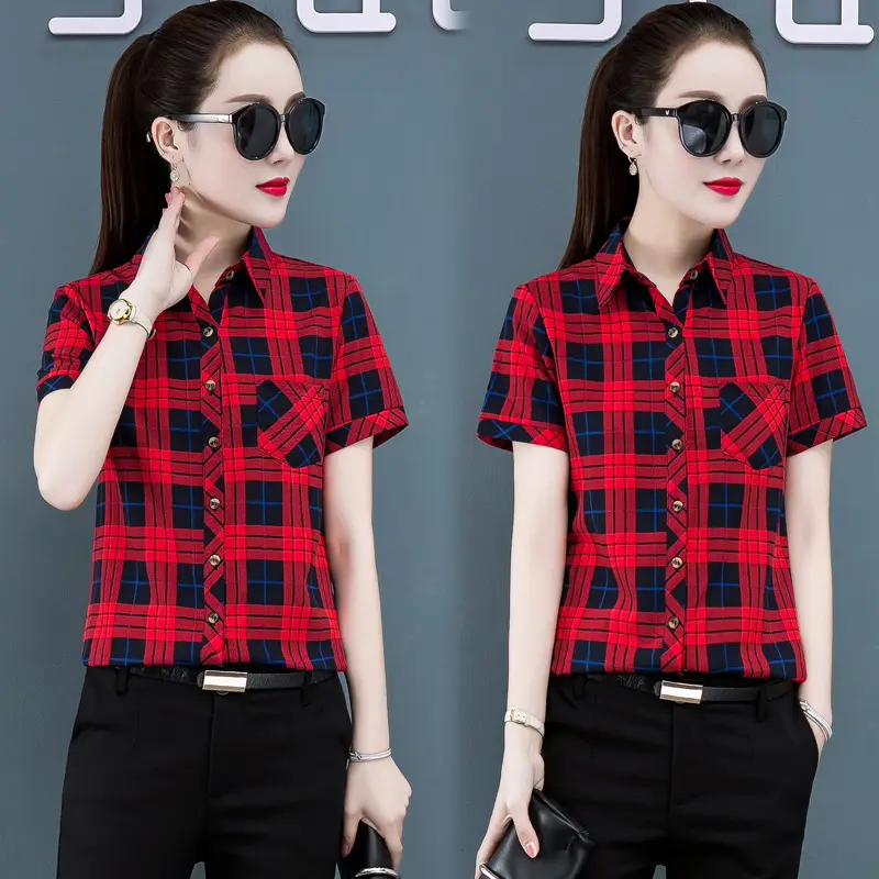 Women Plaid Short Sleeve Shirt 2020 Summer New - Image 9