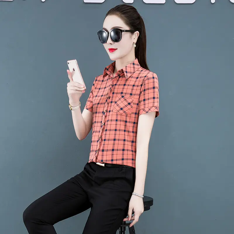 Women Plaid Short Sleeve Shirt 2020 Summer New - Image 2