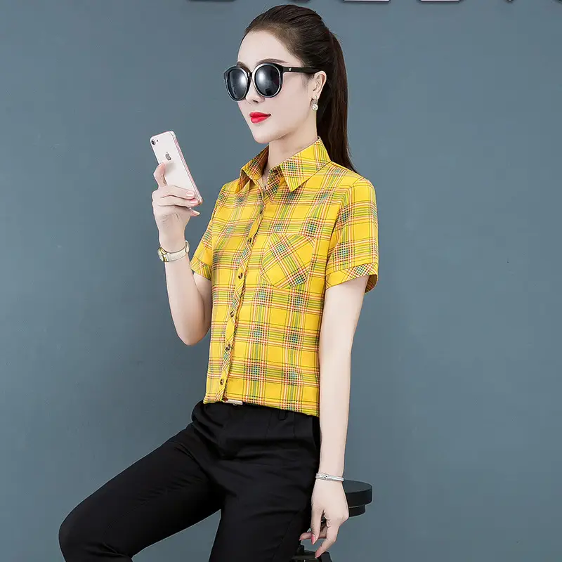 Women Plaid Short Sleeve Shirt 2020 Summer New - Image 3