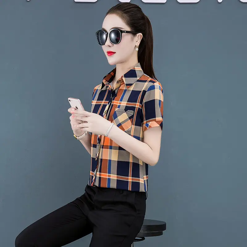 Women Plaid Short Sleeve Shirt 2020 Summer New - Image 4
