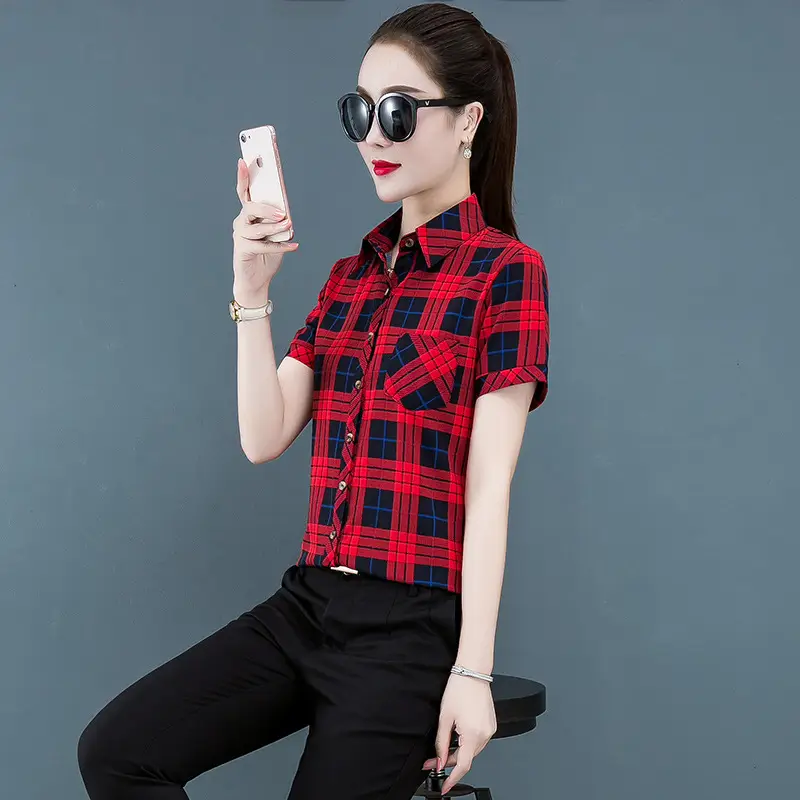 Women Plaid Short Sleeve Shirt 2020 Summer New - Image 5