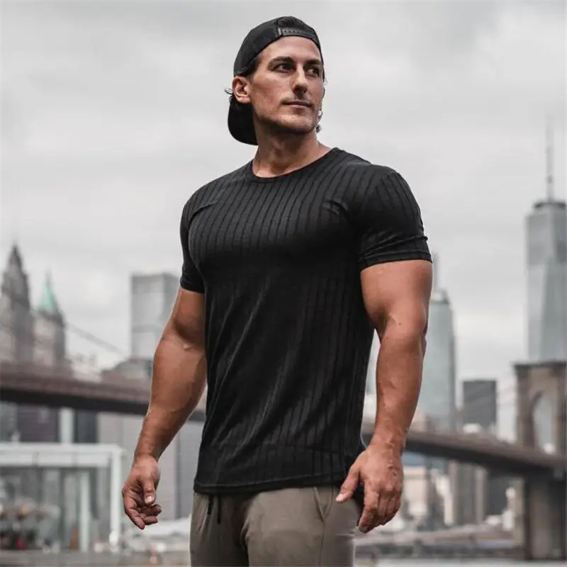 Men's Grey Knit Slim Fit T-Shirt Summer Fitness Wear - Image 6
