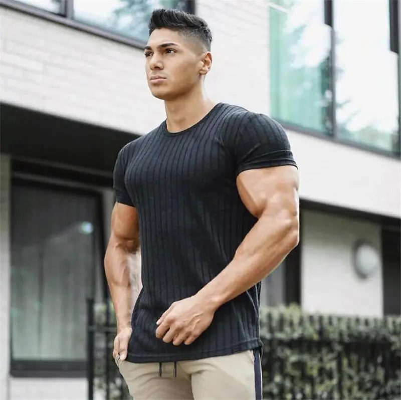 Men's Grey Knit Slim Fit T-Shirt Summer Fitness Wear - Image 7