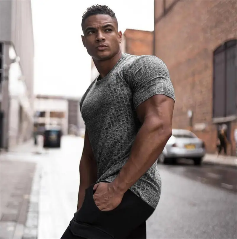Men's Grey Knit Slim Fit T-Shirt Summer Fitness Wear - Image 8