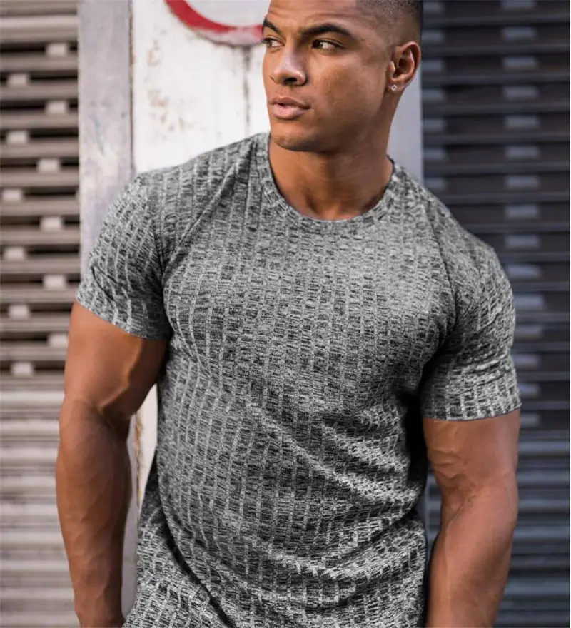 Men's Grey Knit Slim Fit T-Shirt Summer Fitness Wear - Image 9
