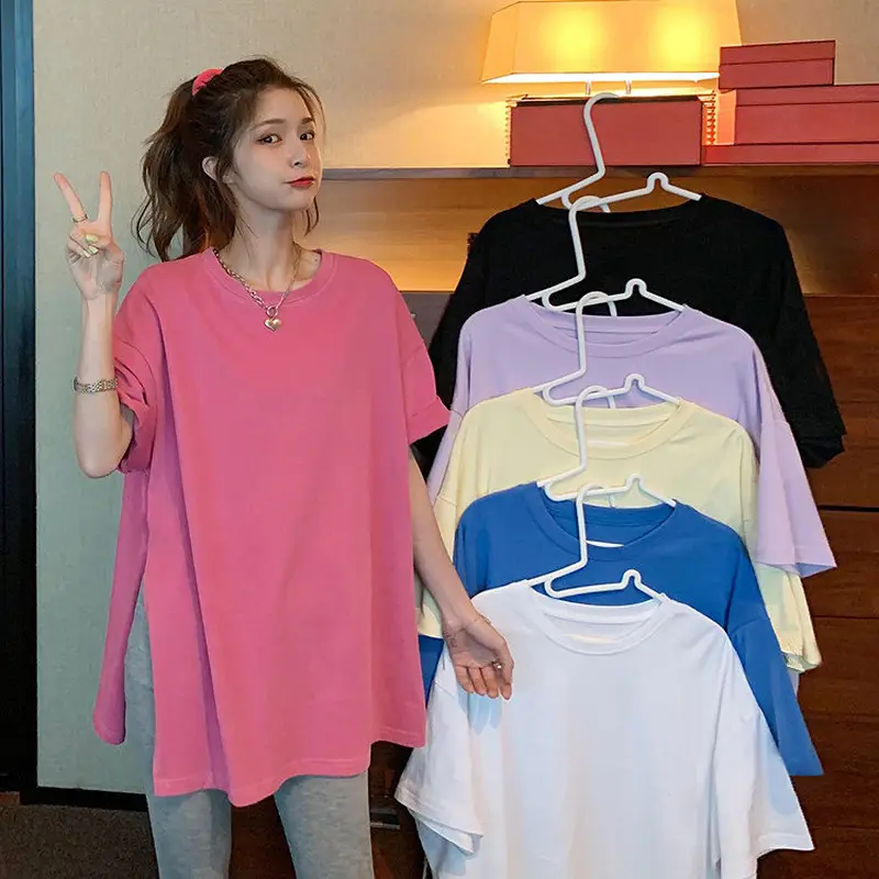 Women Cotton Mid-Length Slit T-Shirt Black White - Image 5