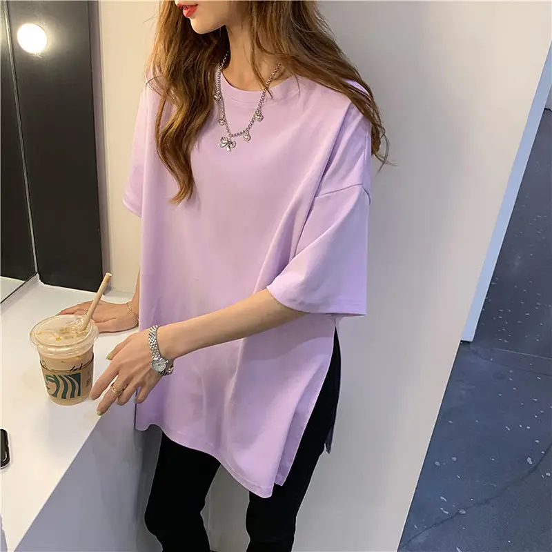 Women Cotton Mid-Length Slit T-Shirt Black White - Image 8