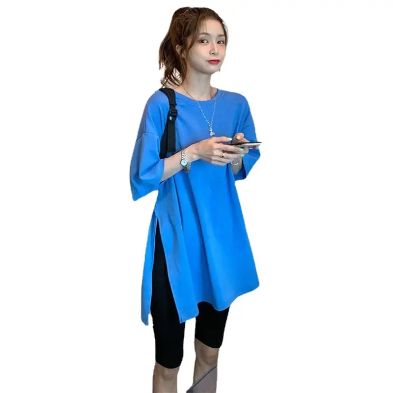 Women Cotton Mid-Length Slit T-Shirt Black White - Image 9