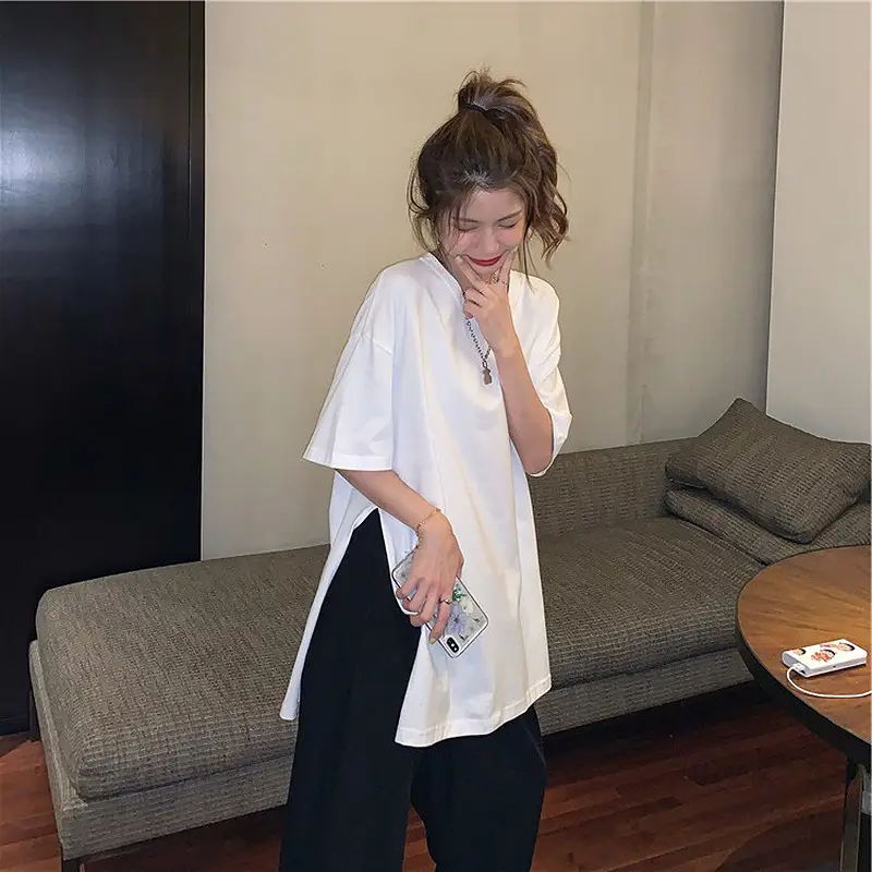Women Cotton Mid-Length Slit T-Shirt Black White - Image 2