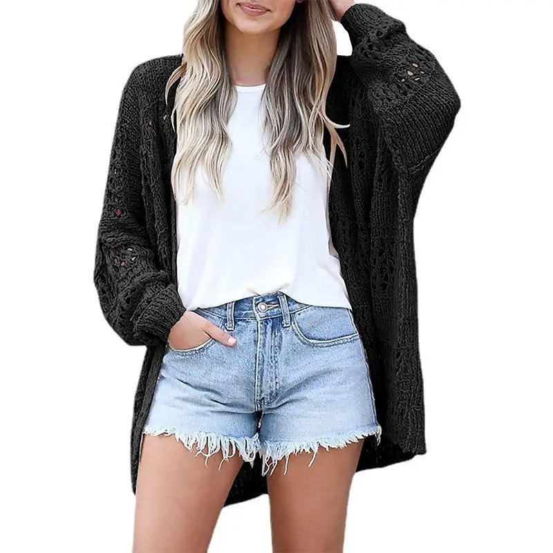 Women's Long Sleeve Hollow Mohair Cardigan Black - Image 10