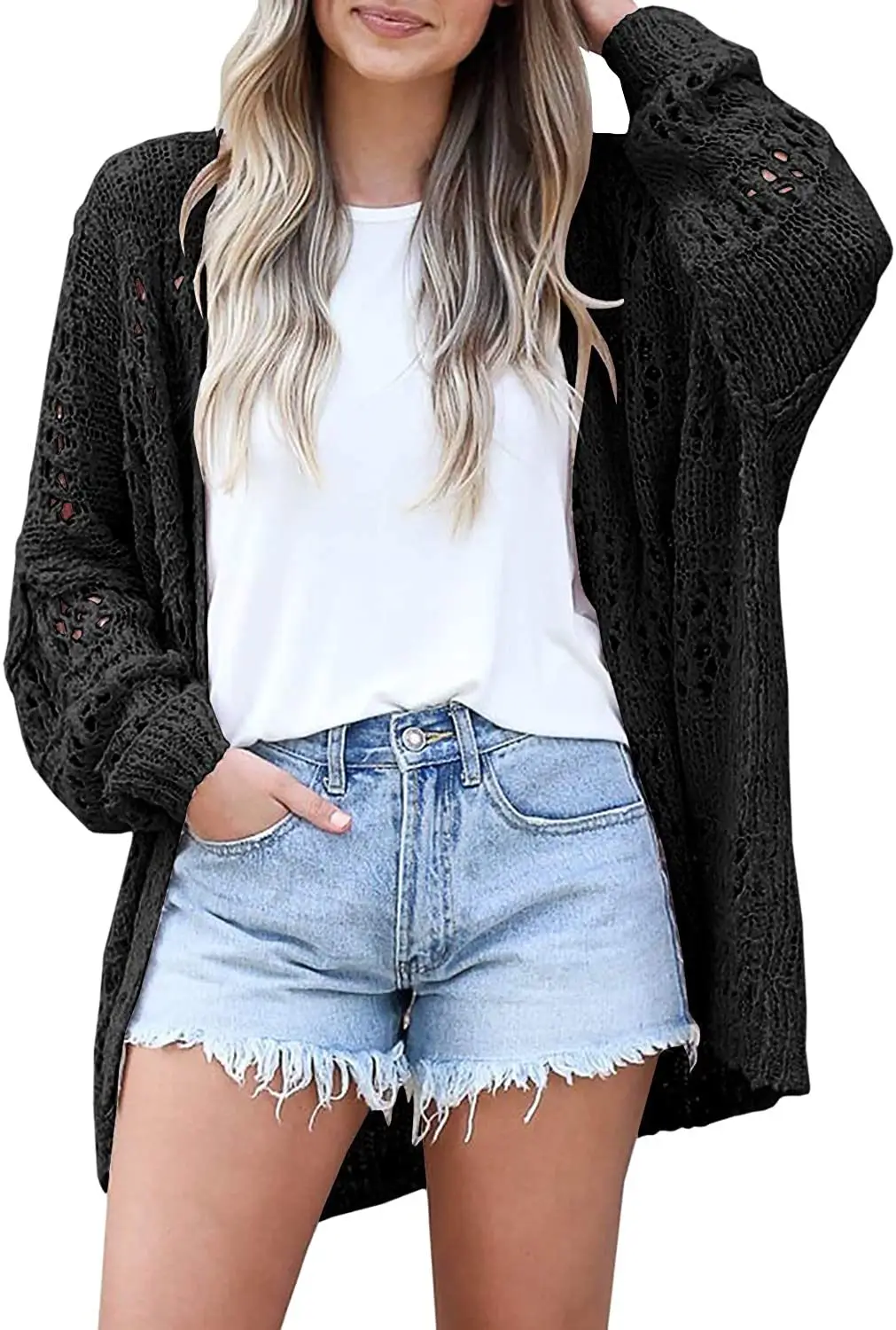 Women's Long Sleeve Hollow Mohair Cardigan Black — feature 11